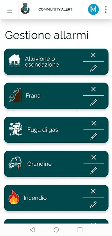 Mobile menu with list of alarm types