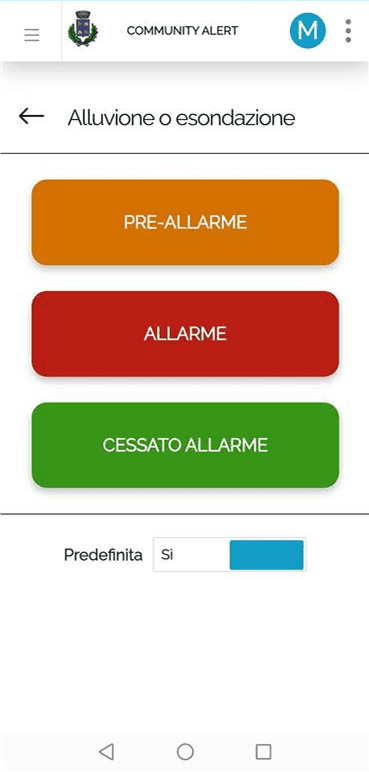 Mobile list with buttons for sending pre-alarm, alarm or all-clear
