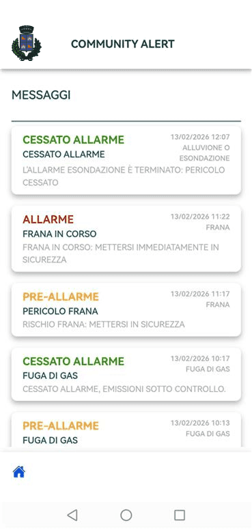Mobile list of the latest alarm messages received, viewable by citizens.